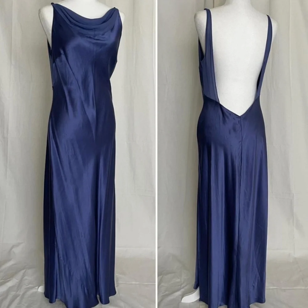 Vintage Y2K 100% Silk Blue Slip Dress Cowl Neck Silk Dress Backless Dress Prom - Picture 2 of 15